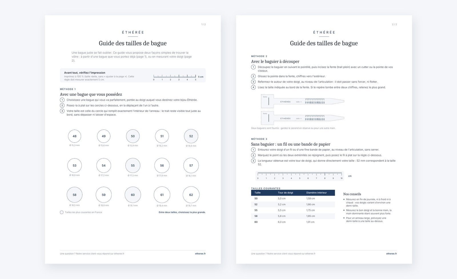 Aperçu du guide des tailles de bague Éthérée : cercles de comparaison et baguier à découper